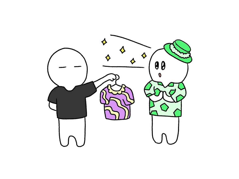 검은 티셔츠를 입은 사람이 상대 취향의 화려한 옷을 선물하는 커플